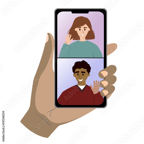 A human hand holding a smartphone. Young man and a woman are having a conversation through a video call. Friends waving by hand from telephone screen. Flat vector illustration.
