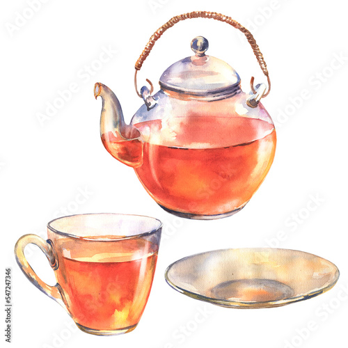 Watercolor illustration, transparent glass teapot with black tea, glass mug and saucer. Set of dishes isolated on white background