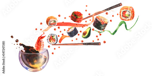 Watercolor composition with sushi, splash sause, ingredient for sushi on white background. photo