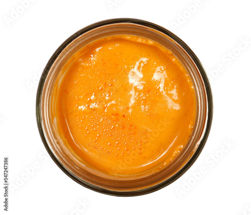 Sauce cocktail with brandy and fruity undertone in glass jar isolated on white
