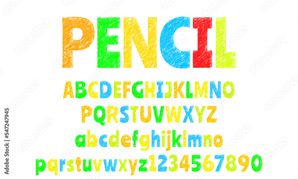 Color pencil font design, uppercase lowercase alphabet set and numbers, colorful childish school abc, hand drawn letters on white