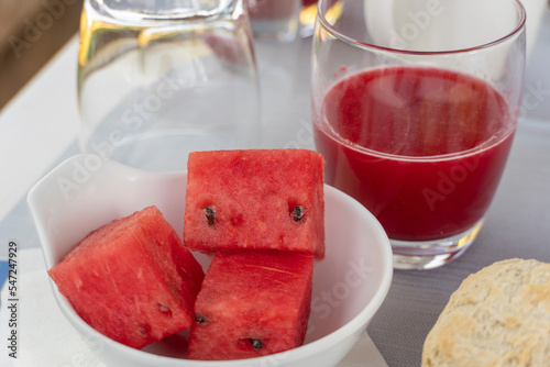 Prepared water melon for breakfast on table photo