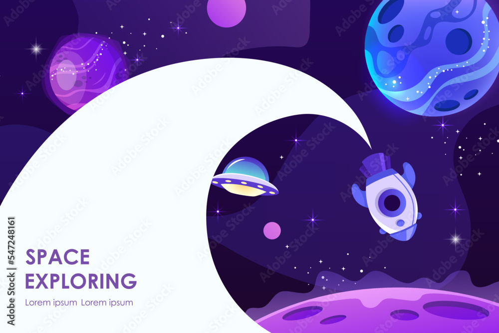 Horizontal space background with abstract shape and planets. Web design. Space exploring. Vector illustration. Template for presentation, banner, flyer. Spaceship
