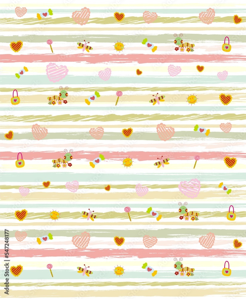 Background with big and small hearts, sweets, pets, stripes and stains, colorful objects, baby fashion, rapport print, clothing art