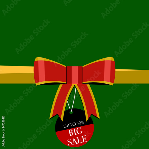 Christmas sale discount promotion. Gift with bow and sale discount banner tag. Reduce product price. 