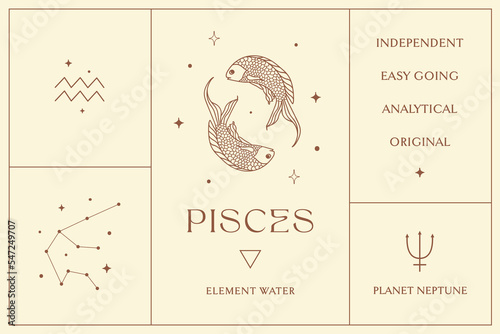 Pisces Zodiac Sign Design Illustrations. Esoteric Vector Element, Icon photo
