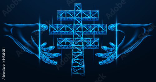 Power line pylon is in hands. Provision of electricity services. Polygonal design of lines and dots. Blue background.