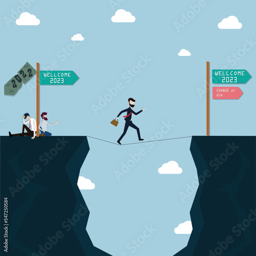 Flat design of business concept,The businessman walk across over the ravine - vector