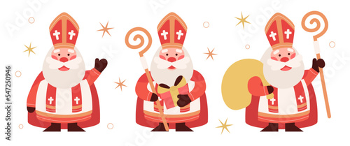 Fotografie, Tablou Set of cute Saint Nicholas or Sinterklaas with bag of gifts, gift box and staff