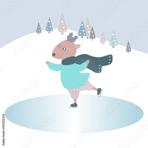 Cute reindeer on skates in costume in winter among the Christmas trees