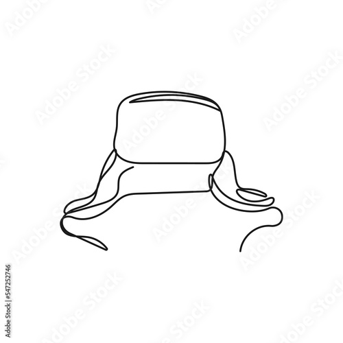 Trapper hat in continuous one line art style. Winter hat with ear flaps. Vector hand drawn black illustration isolated on white background. photo
