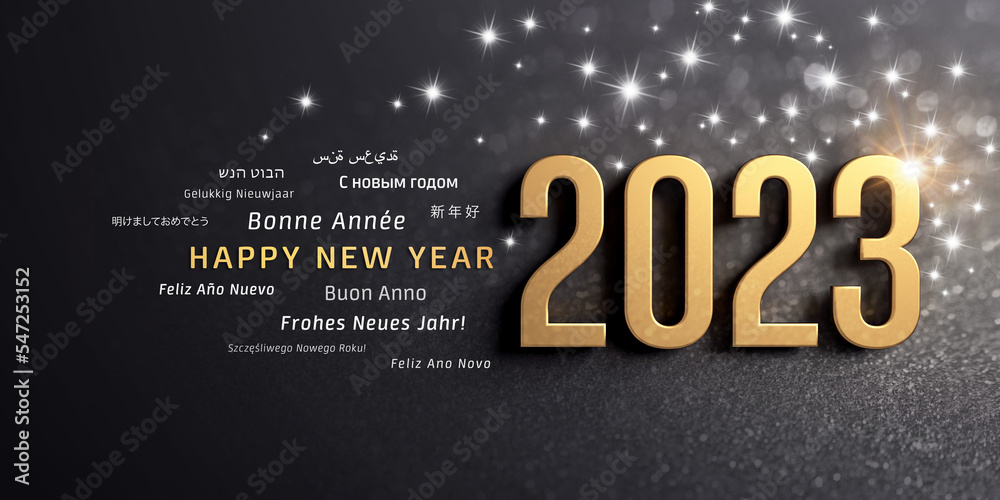Happy New Year greetings and 2023 date number colored in gold, on a glittering black card