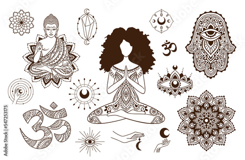 Buddha, Yoga Poses Hamsa, Moon, On, Hand. India set.