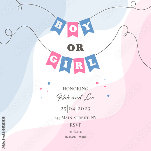 Invitation for gender reveal party with pregnant mother. Vector flat illustration for card, , design, flyer, poster, decor, banner, web, advertising. Beautiful girl, woman.	