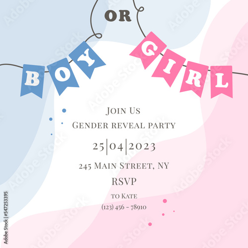 Invitation for gender reveal party with pregnant mother. Vector flat illustration for card, , design, flyer, poster, decor, banner, web, advertising. Beautiful girl, woman.	