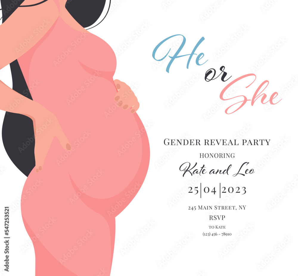 Invitation for gender reveal party with pregnant mother. Vector flat illustration for card, , design, flyer, poster, decor, banner, web, advertising. Beautiful girl, woman.
