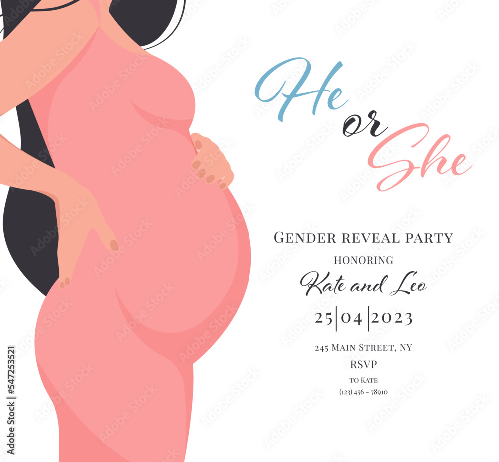 Invitation for gender reveal party with pregnant mother. Vector flat illustration for card, , design, flyer, poster, decor, banner, web, advertising. Beautiful girl, woman. Invitation for gender reveal party with pregnant mother. Vector flat illustration for card, , design, flyer, poster, decor, banner, web, advertising. Beautiful girl, woman.