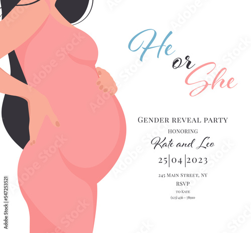 Invitation for gender reveal party with pregnant mother. Vector flat illustration for card, , design, flyer, poster, decor, banner, web, advertising. Beautiful girl, woman.