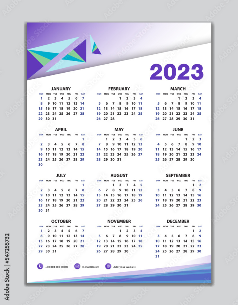 Wall calendar 2023 template, desk calendar 2023 design, Week start Sunday, business flyer, Set of 12 Months, Week starts Sunday, organizer, planner, printing media, calendar design purple background Wall calendar 2023 template, desk calendar 2023 design, Week start Sunday, business flyer, Set of 12 Months, Week starts Sunday, organizer, planner, printing media, calendar design purple background