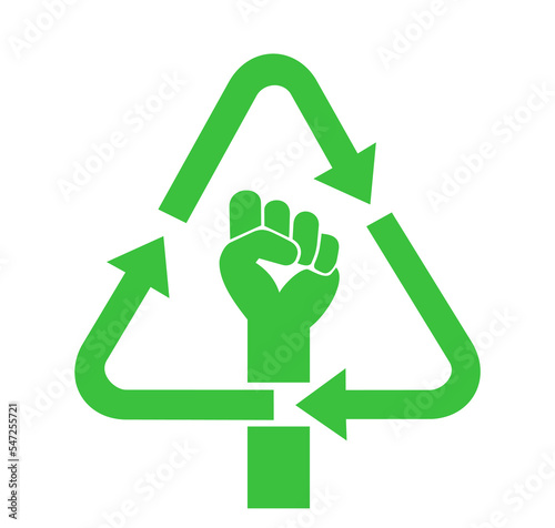 Recycle symbol and raised fist - Green revolution for climate, ecology and environment sustainability. Environmentalist activism and protest. Vector illustration isolated on white.