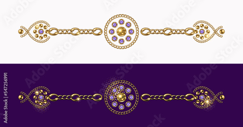 Vintage jewelry border line, divider made of gold ball beads, purple rhinestones, gems, gold chains on white and violet background. Vector design element