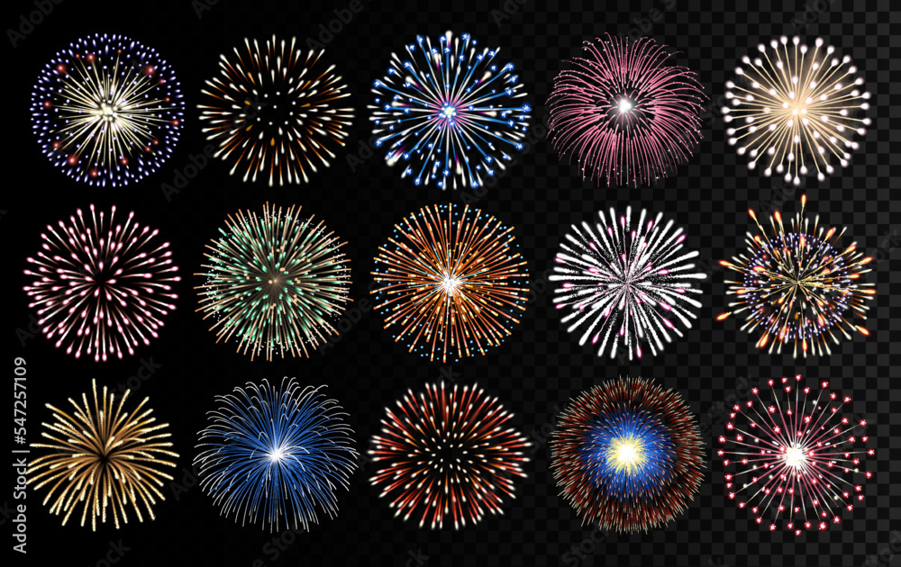 Fototapeta premium Fireworks realistic vector illustration. Celebrating, birthday and new year decorations.