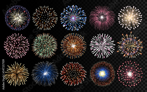 Fireworks realistic vector illustration. Celebrating, birthday and new year decorations.