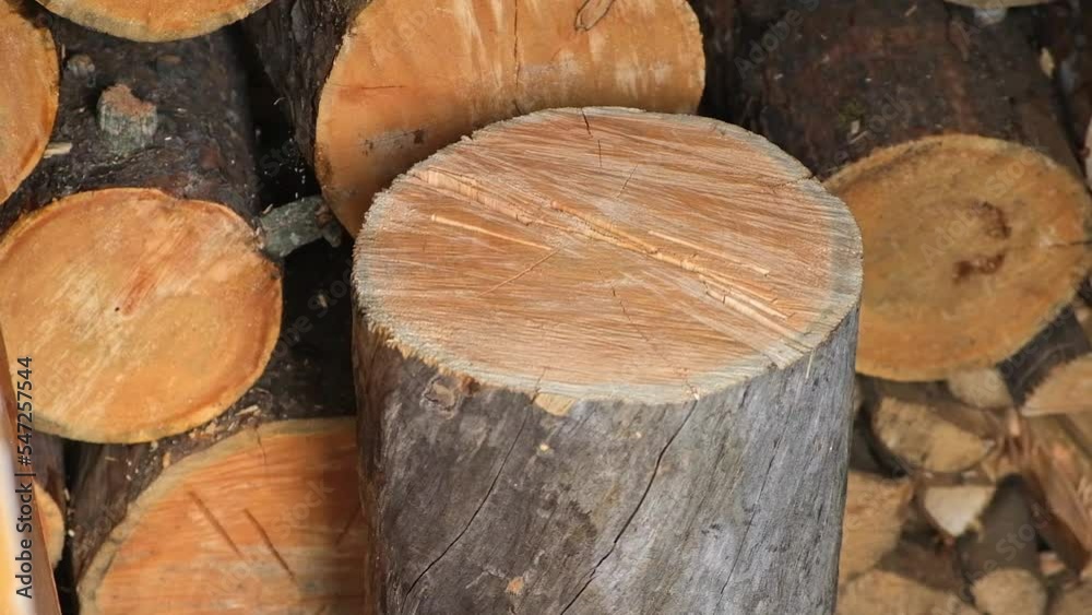 A man is chopping logs with an axe on chopping block. Harvesting of firewood stocks for heating. An alternative source of thermal energy instead of natural gas. A man is chopping logs with an axe on chopping block. Harvesting of firewood stocks for heating. An alternative source of thermal energy instead of natural gas.