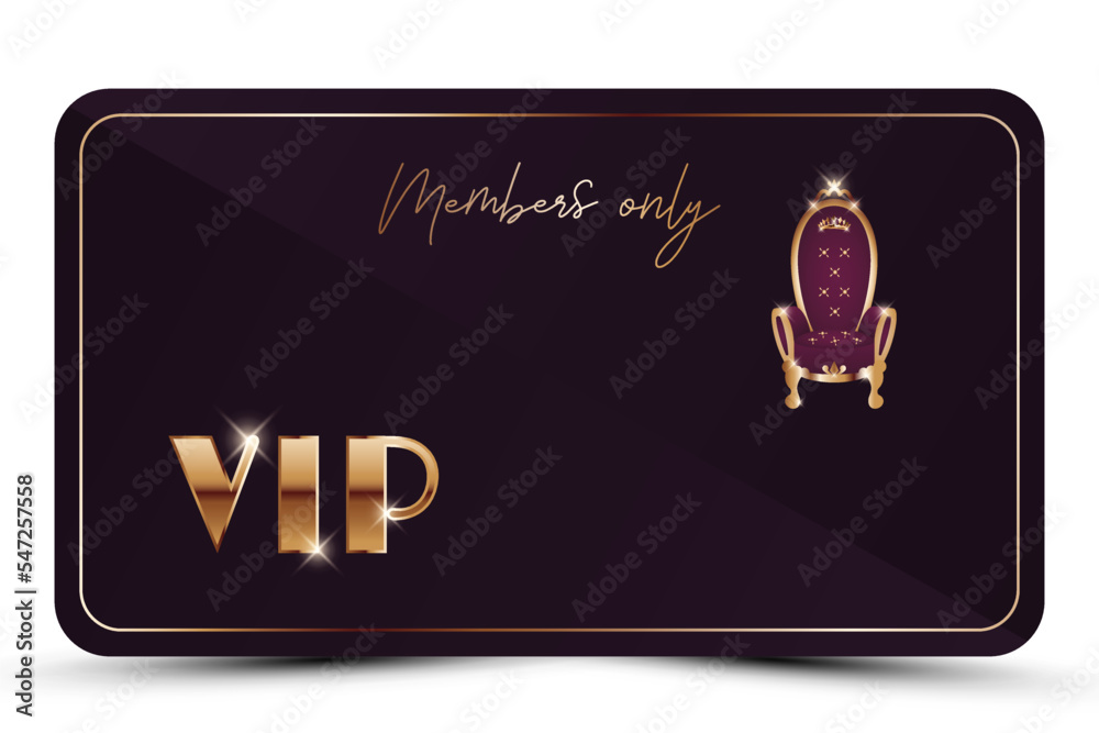WebViolet elegant vip card. Modern burgundy business card with golden 3d text, crown, vintage royal throne. Luxury abstract invitation. Vector illustration for loyalty, bonus card, gift certificate. WebViolet elegant vip card. Modern burgundy business card with golden 3d text, crown, vintage royal throne. Luxury abstract invitation. Vector illustration for loyalty, bonus card, gift certificate.