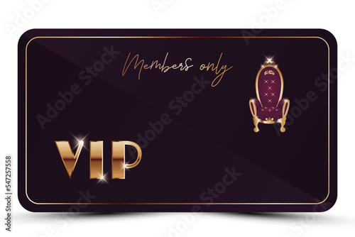 WebViolet elegant vip card. Modern burgundy business card with golden 3d text, crown, vintage royal throne. Luxury abstract invitation. Vector illustration for loyalty, bonus card, gift certificate.
