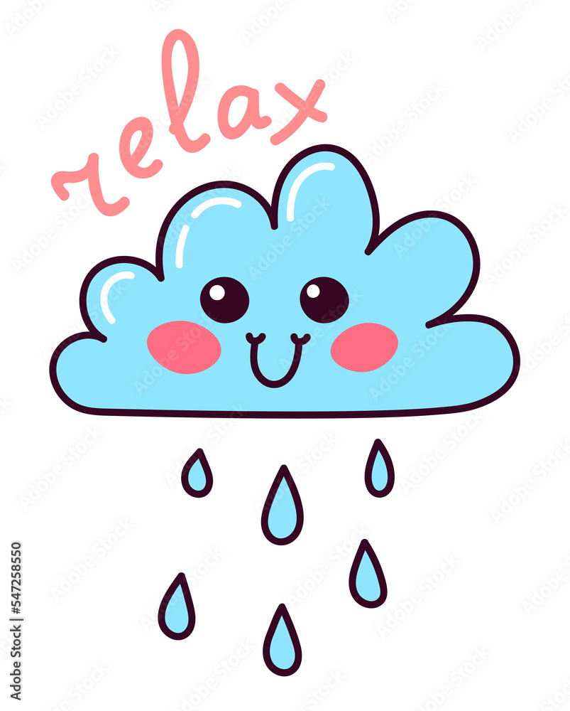 Kawaii cloud sticker. Cute doodle with text relax. Sticker with white contour for planner, scrapbooking. Hand drawn colorful illustration isolated on transparent background.
