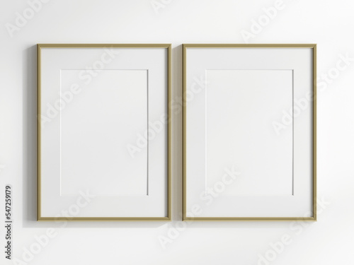 blank photo frame on white background, two gold frames mockup, 3d render