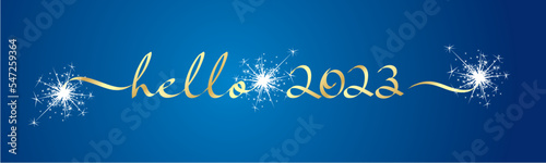 Hello 2023 New Year golden handwritten ribbon line design typography calligraphy white sparkle firework on blue background banner