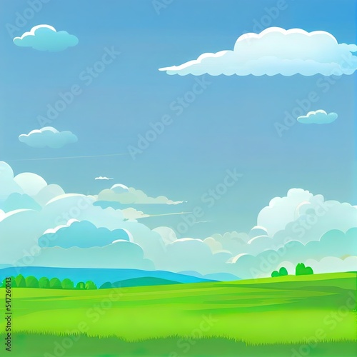 2d illustrated cartoon meadow landscape with grass. Blue sky with white clouds. Flat valley landscape. Empty green field with trees on sunny summer day. Green hills landscape background, empty glade