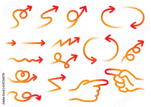 様々な形の矢印セット02（手書き・赤からオレンジ・グラデーション）