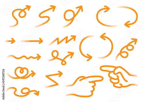 様々な形の矢印セット02（手書き・オレンジ・グラデーション）