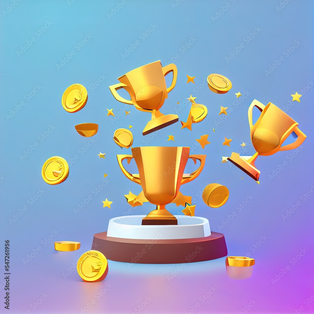 3d winners minimal with golden cup, gold winners stars with objects