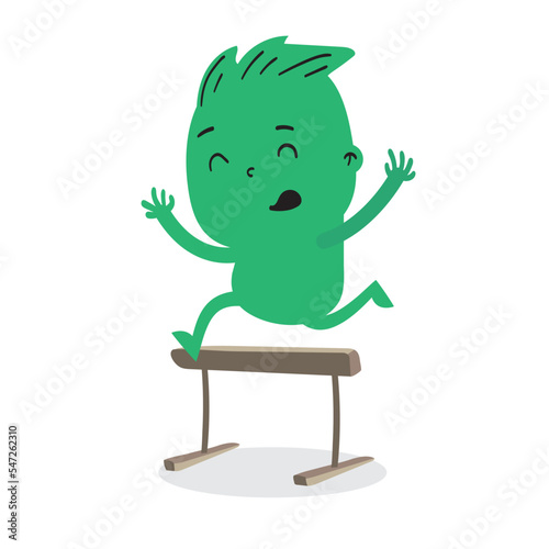 Dibujo garabato en vectores de personajes divertidos estilo caricatura saltando y compitiendo en una carrera de obstáculos. 
