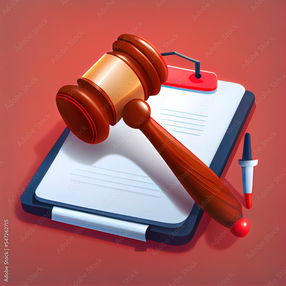 3D judge hammer minimal gavel concept of law icon on paper clipboard. Professional lawyer 3d, punishment, judgement, law advisor, advocate, auction. Judge arbitrate courthouse concept 3d 2d