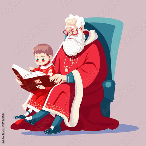 Sinterklaas, santa or grandfather reading a book with a child