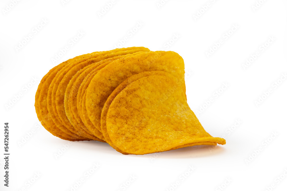 Isolated chips. Group of potato chips isolated on white background with shadow Isolated chips. Group of potato chips isolated on white background with shadow