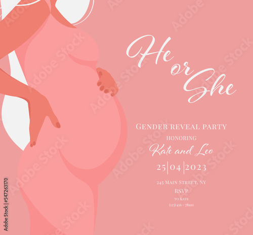 Invitation for gender reveal party with pregnant mother. Vector flat illustration for card, , design, flyer, poster, decor, banner, web, advertising. Beautiful girl, woman.	

