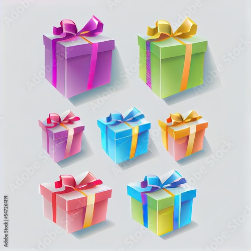 3d color gift boxes set with pastel ribbon bow isolated on a white background. 3d render flying modern holiday closed surprise box. Realistic 2d illustrated icon for present, birthday or wedding