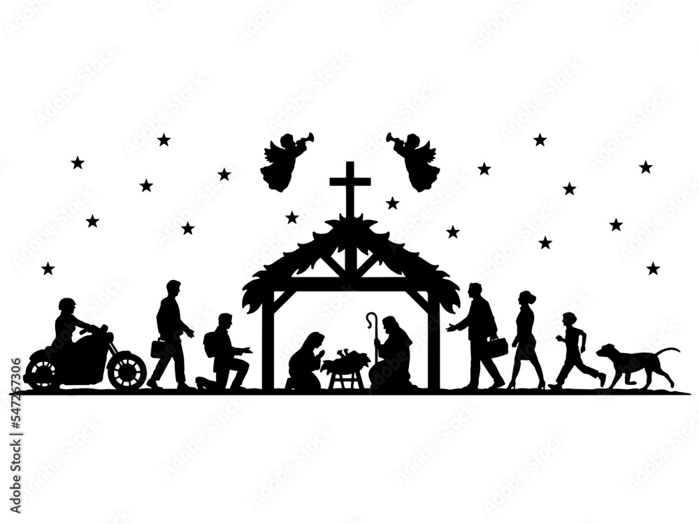 holy Christmas scene. Collection of silhouettes modern people Christian ...