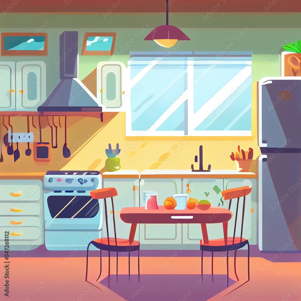 2d illustrated cartoon illustration of cozy modern kitchen with dinner table and household appliances, fridge, stove, microwave, exhaust hood. Comfortable, clean dining room, with tableware, interior