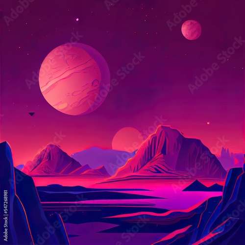 Mars purple space landscape with large planets on purple starry sky  meteors and mountains. Nature on another planet with a huge planet on the horizon