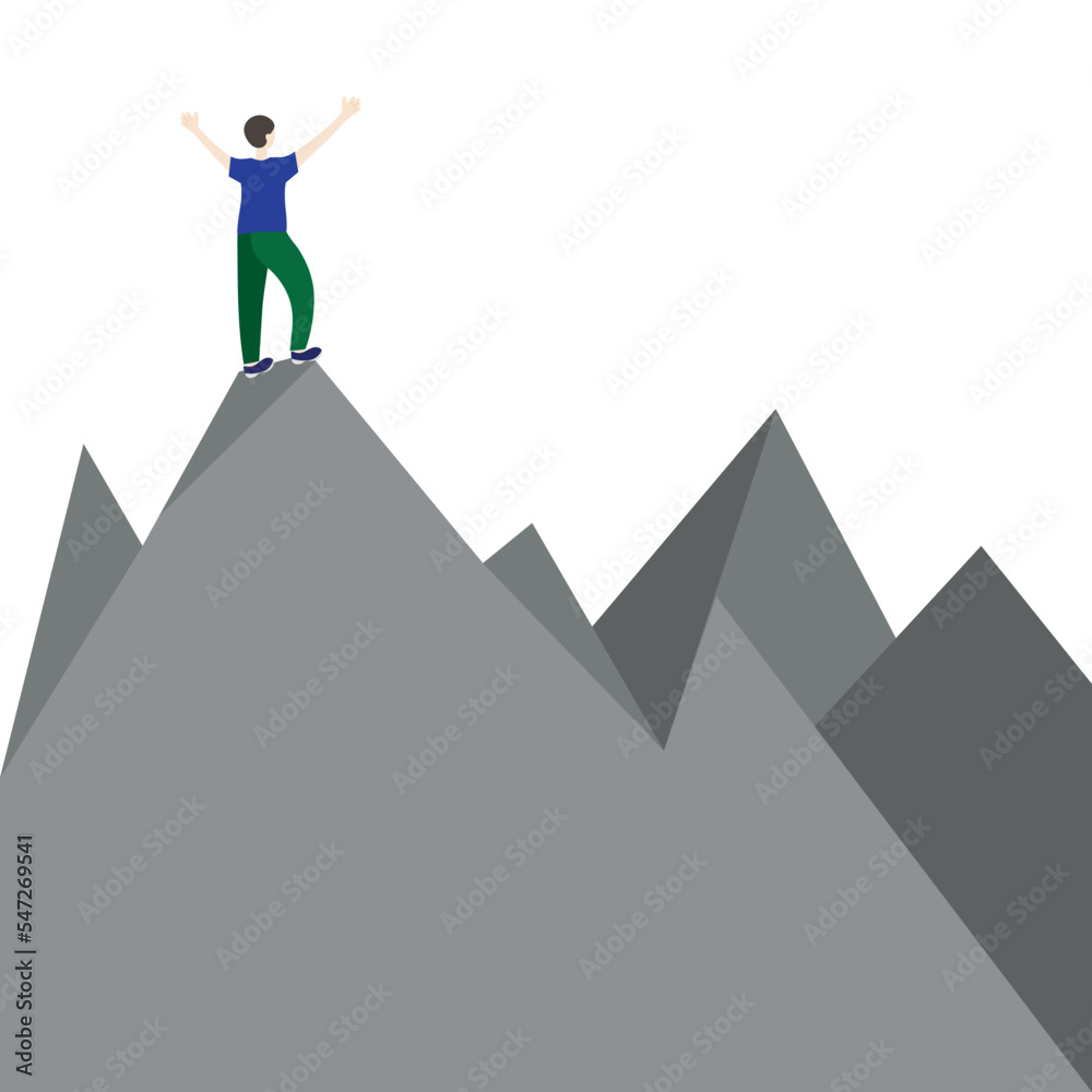 A guy stands on top of a mountain, with her back to us, raising her hands up, a flat vector, isolate on white