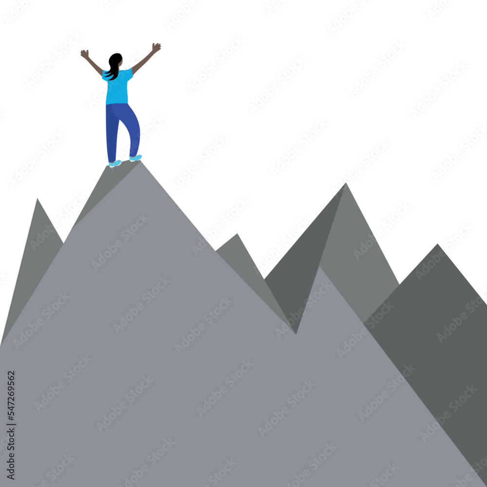A dark-skinned girl stands on top of a mountain, with her back to us, raising her hands up, flat vector, isolated on white