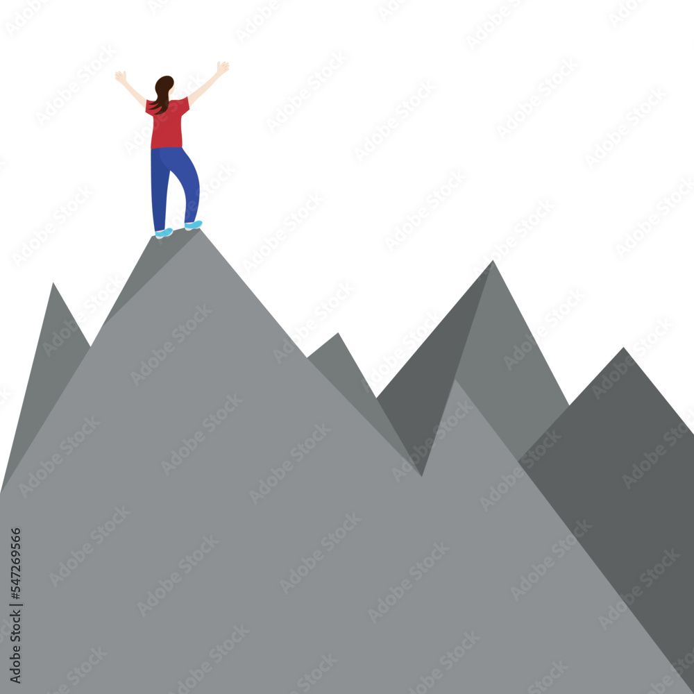 A girl stands on top of a mountain, with her back to us, raising her hands up, a flat vector, isolates on white