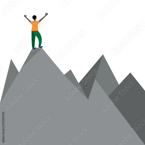 A black guy stands on top of a mountain  with her back to us  raising her hands up  a flat vector  isolate on white